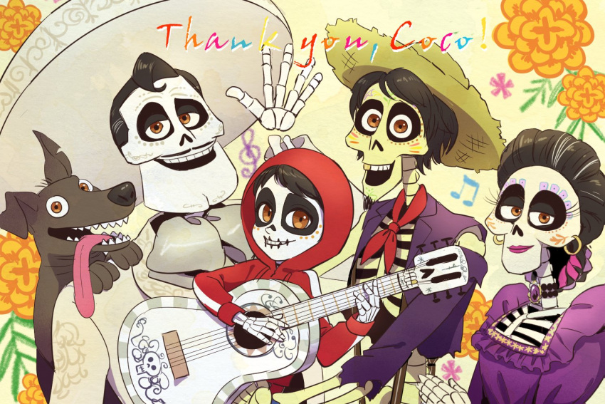 1girl, 3boys, acoustic_guitar, animal, bandanna, black_hair, bow, braid