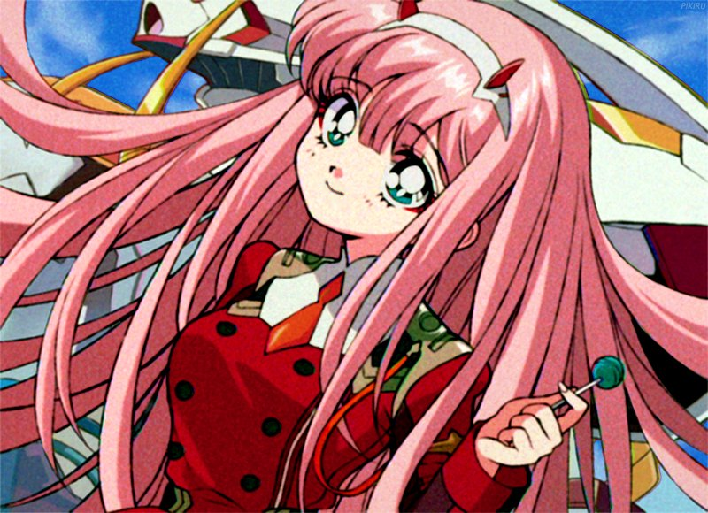1girl, 90s, artist_name, bangs, blue_sky, blush, breasts, candy