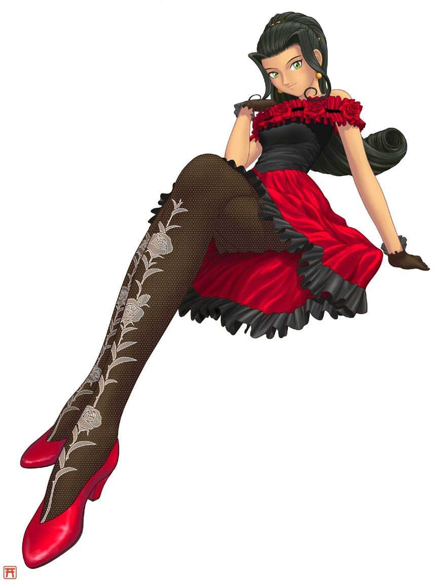 dark_skin, dress, earrings, fishnet_pantyhose, fishnets, gloves, green_eyes, high_heels