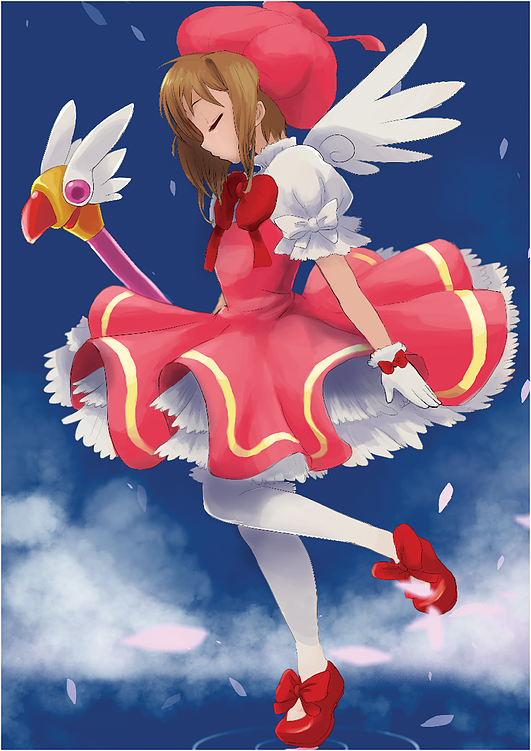 1girl, bangs, bow, bowtie, brown_hair, card_captor_sakura, closed_eyes, dress