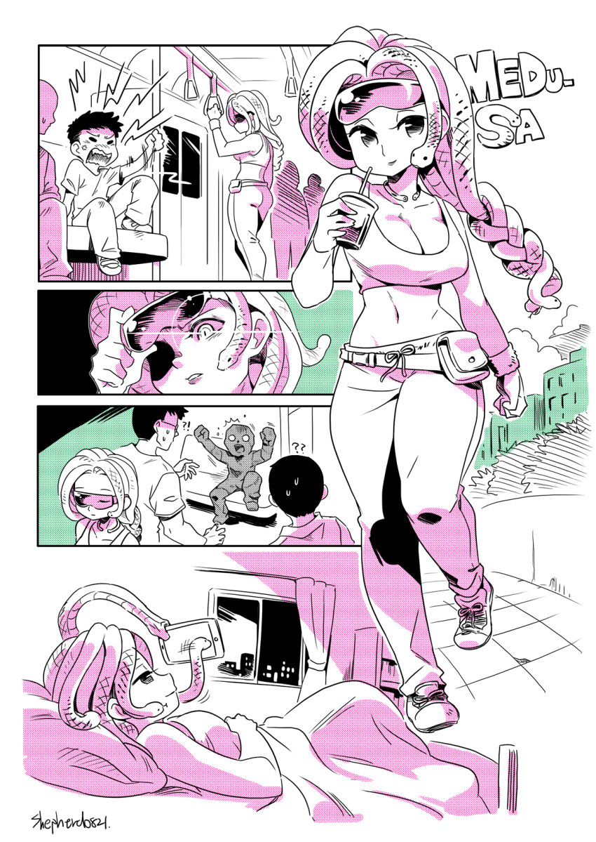 1girl, 3boys, breasts, cellphone, cleavage, crop_top, eyewear_on_head, glasses, gorgon, greek_mythology, highres, large_breasts, living_hair, long_hair, looking_at_viewer, medusa_(mythology), midriff, modern_mogal, monster_girl, multiple_boys, petrification, phone, shepherd0821, slit_pupils, smartphone, smile, snake, snake_hair, solo_focus, tank_top