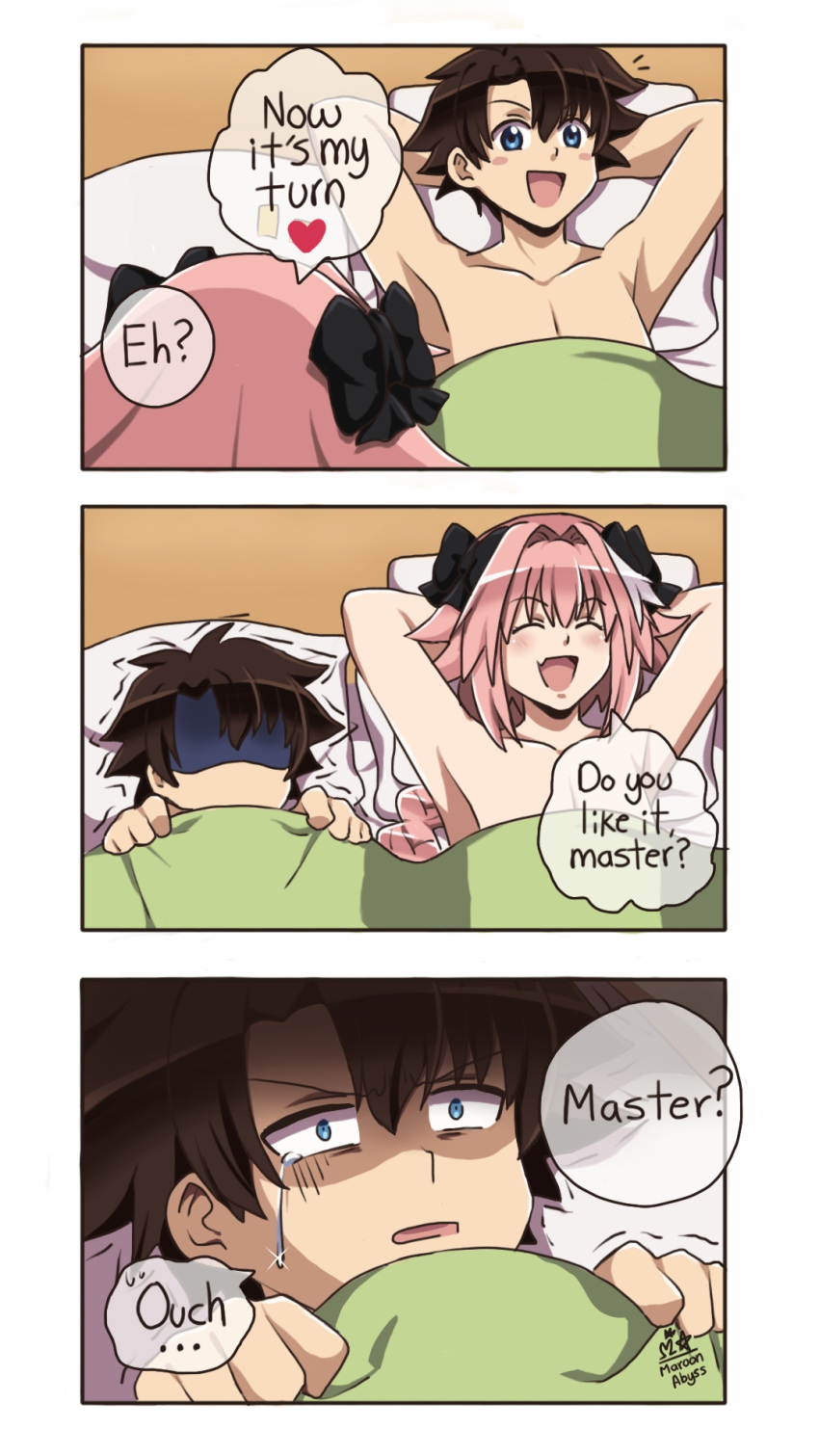 2boys, 3koma, aftersex, artist_name, astolfo_(fate), black_bow, black_hair, black_ribbon