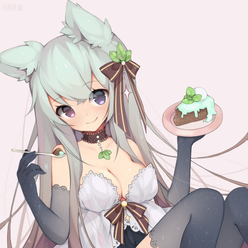 animal_ears, animated, animated_gif, aqua_hair, blue_eyes, bow, breasts, cake