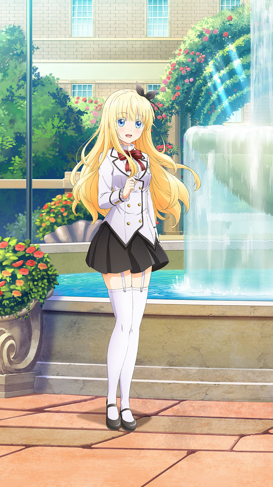1girl, :d, bangs, black_footwear, black_ribbon, black_skirt, blazer, blonde_hair