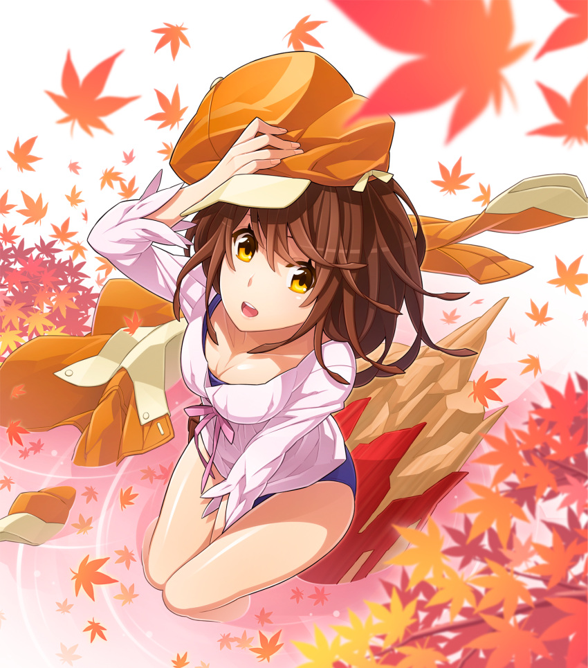 1girl, :d, autumn_leaves, bakemonogatari, between_legs, blue_swimsuit, breasts, brown_hair