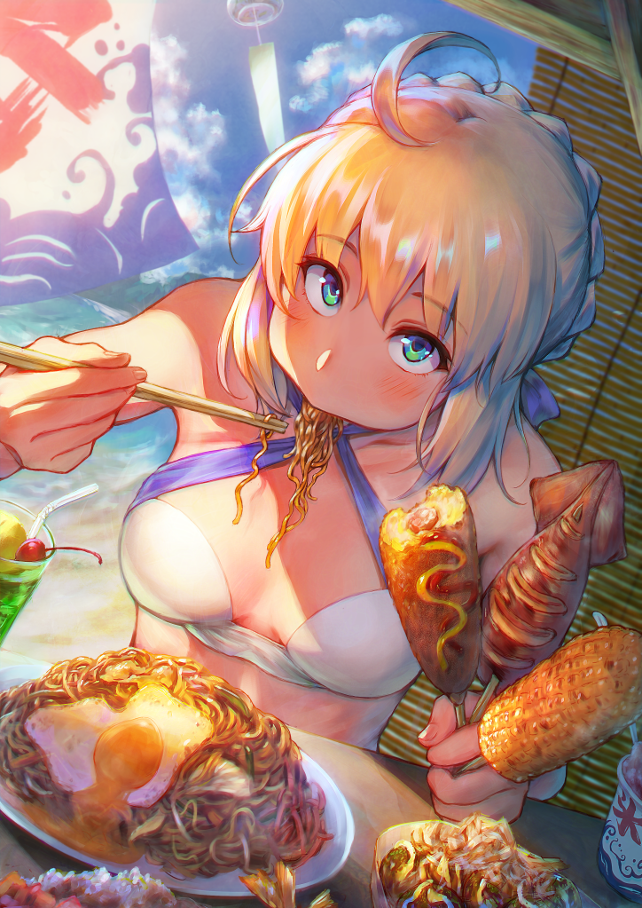 1girl, ahoge, artoria_pendragon_(all), bikini, bikini_top, blonde_hair, blue_sky, blurry