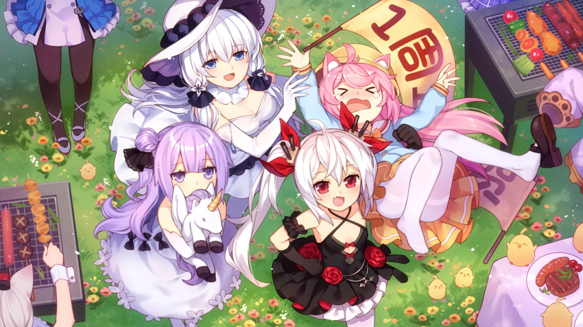 >_<, 6+girls, :d, akashi_(azur_lane), animal_ears, anniversary, azur_lane, banner