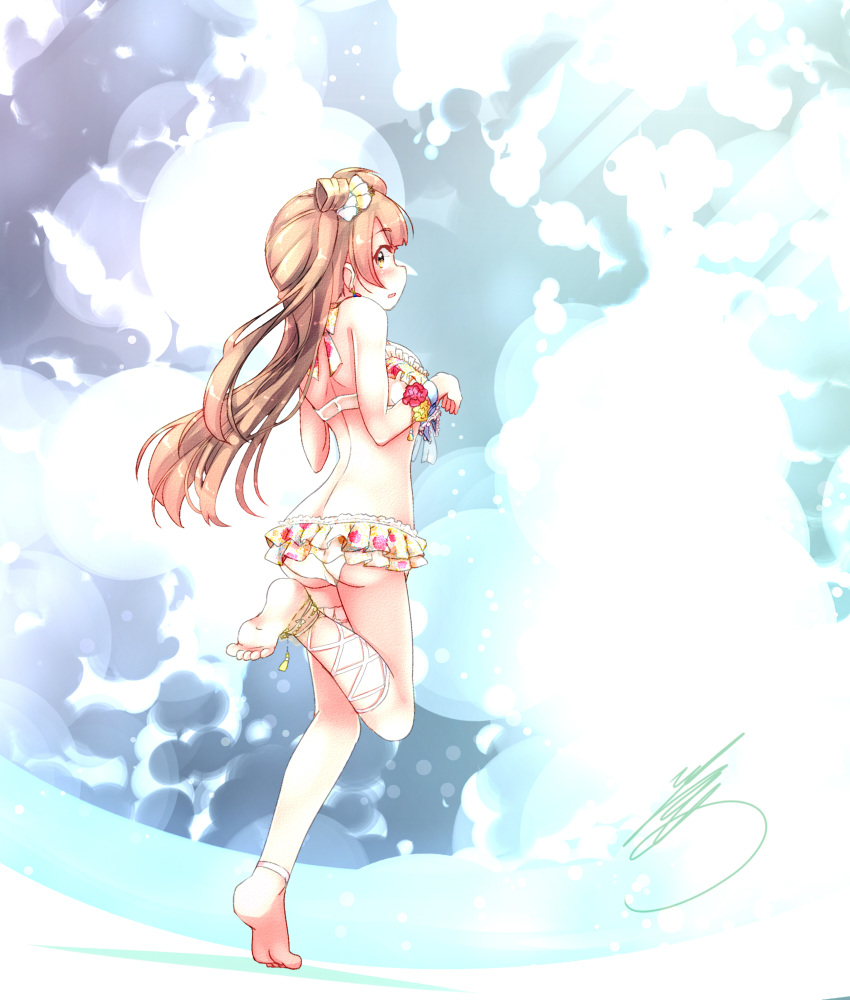 1girl, :o, ankle_lace-up, anklet, ass, back, bangs, barefoot, bikini, bikini_skirt, blush, bracelet, brown_hair, clouds, cloudy_sky, cross-laced_footwear, from_behind, full_body, halterneck, highres, jewelry, long_hair, looking_back, love_live!, love_live!_school_idol_project, minami_kotori, one_side_up, pitter, print_bikini, signature, sky, solo, standing, standing_on_one_leg, swimsuit, wrist_flower, yellow_eyes