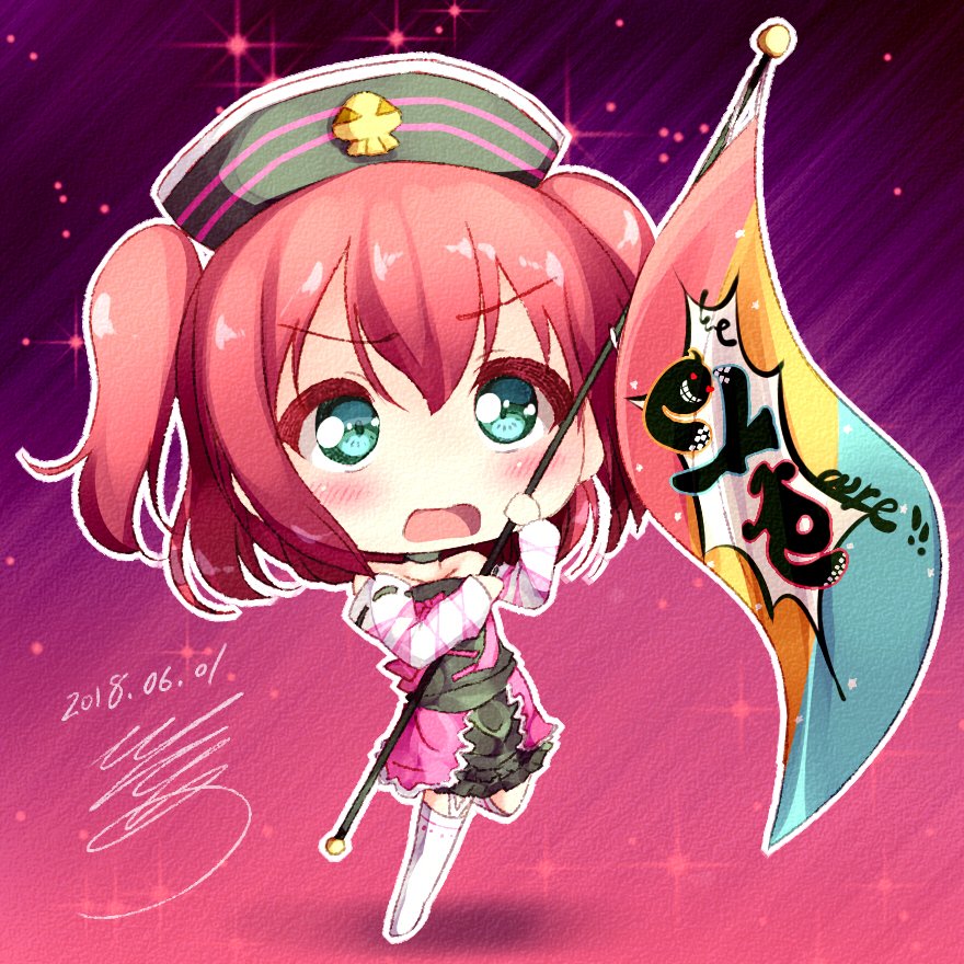 1girl, aqua_eyes, bangs, black_choker, blush, chibi, choker, dated, detached_sleeves, dress, eyebrows_visible_through_hair, flag, full_body, gradient, gradient_background, hat, holding, holding_flag, kinmirai_happy_end, kurosawa_ruby, long_sleeves, love_live!, love_live!_sunshine!!, open_mouth, outline, pitter, purple_background, redhead, signature, solo, sparkle, standing, standing_on_one_leg, thigh-highs, two_side_up, v-shaped_eyebrows, white_outline