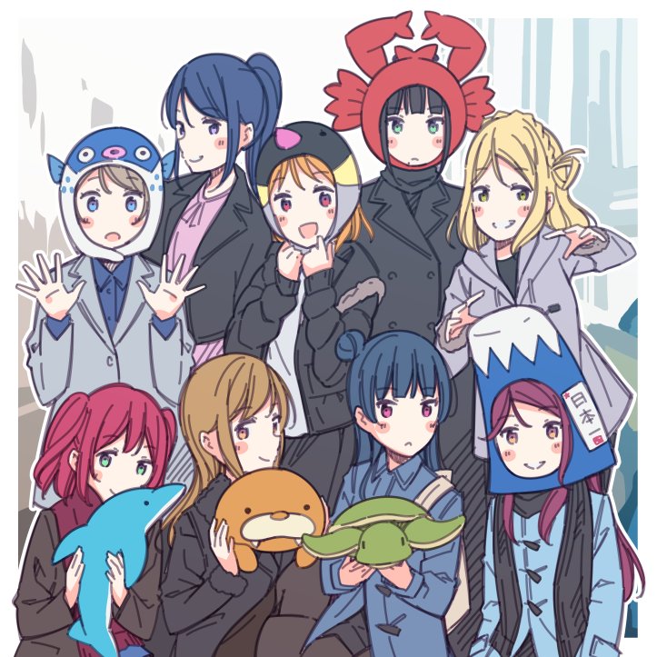 6+girls, :d, :o, animal_hood, aqua_eyes, ayasaka, bangs, black_coat