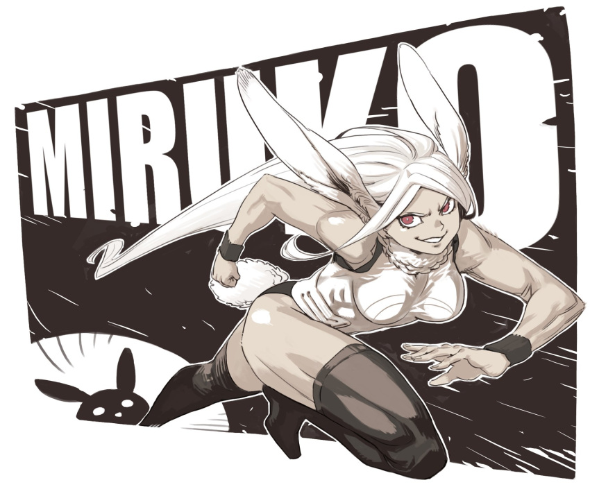1girl, animal_ears, archvermin, background_text, black_legwear, boku_no_hero_academia, breasts, bunny_symbol
