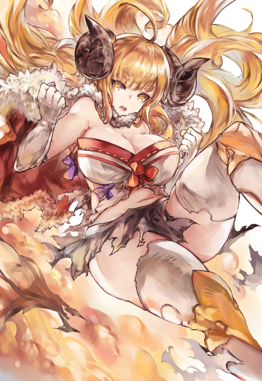 1girl, absurdres, ahoge, anila_(granblue_fantasy), blonde_hair, breasts, cleavage, commentary_request