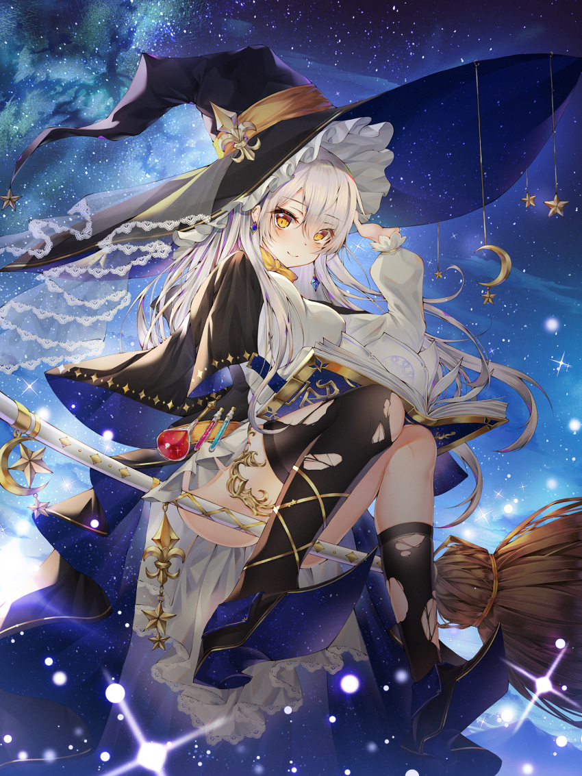 1girl, black_hat, black_legwear, blush, book, book_on_lap, broom, broom_riding, closed_mouth, eyebrows_visible_through_hair, hat, highres, kneehighs, long_hair, looking_at_viewer, mellozzo, night, night_sky, open_book, original, sky, smile, solo, star_(sky), starry_sky, thigh-highs, torn_clothes, torn_kneehighs, torn_thighhighs, white_hair, witch, witch_hat, yellow_eyes