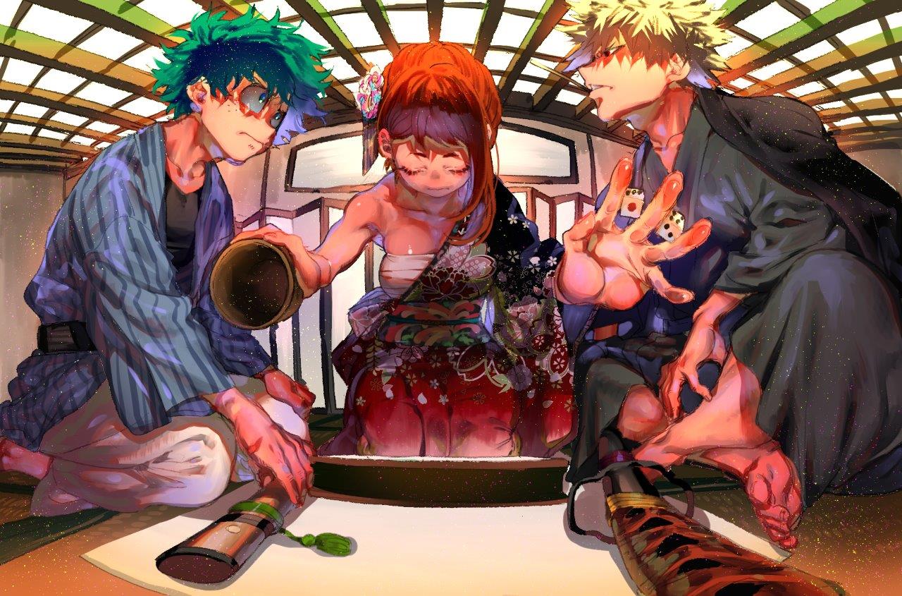 1girl, 2boys, baggy_pants, bakugou_katsuki, blonde_hair, boku_no_hero_academia, brown_hair, closed_eyes