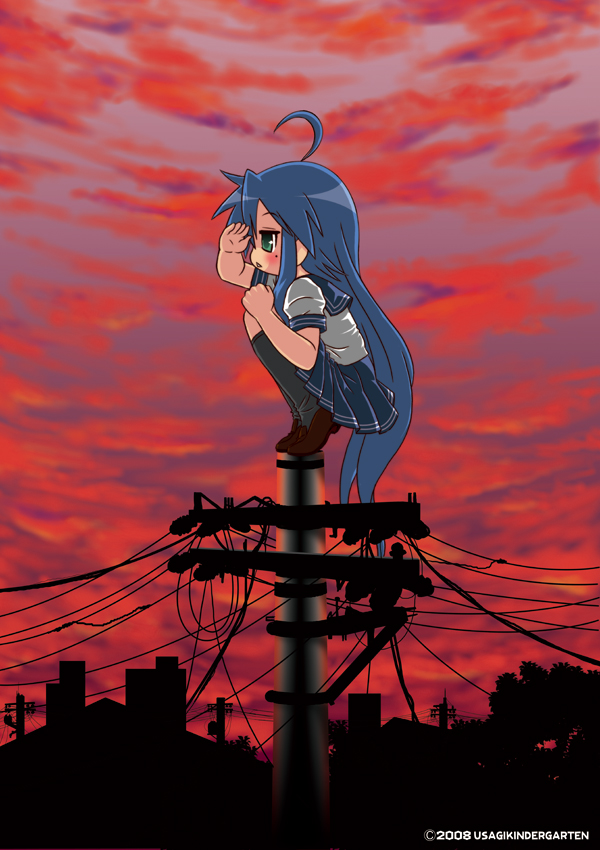blue_hair, cloud, clouds, izumi_konata, long_hair, lucky_star, morino_usagi, on_top_of_pole, power_lines, school_uniform, serafuku, sky, telephone_pole, usagimix
