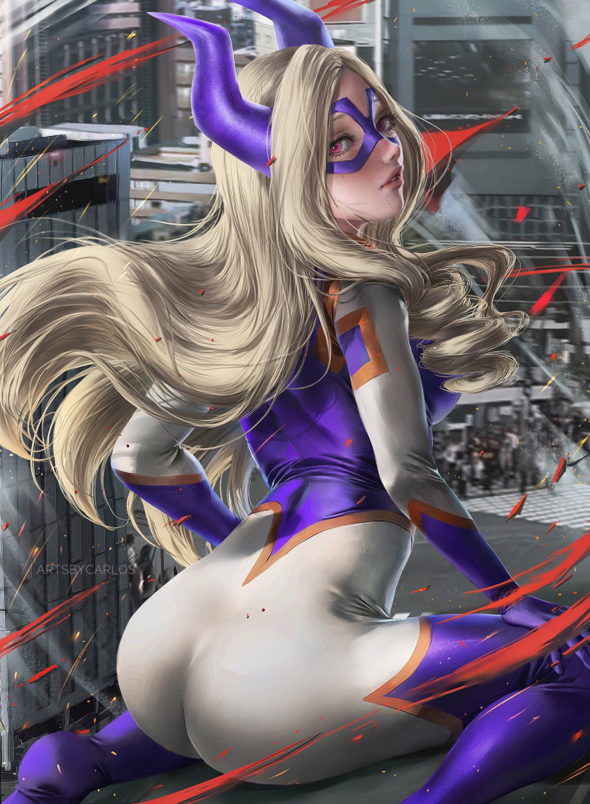 1girl, arched_back, arms_at_sides, artist_name, ass, blonde_hair, bodysuit, boku_no_hero_academia, breasts, carlos_miguel, city, cityscape, day, domino_mask, from_behind, giantess, gloves, highres, horns, large_breasts, long_hair, looking_at_viewer, looking_back, mask, mount_lady, red_eyes, sitting, skin_tight, solo, thigh-highs, violet_eyes, wariza