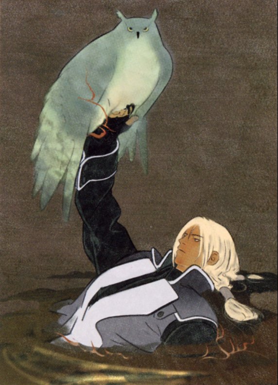 bird_on_hand, blonde_hair, dark_skin, last_blade, male, official_art, owl, senno_aki