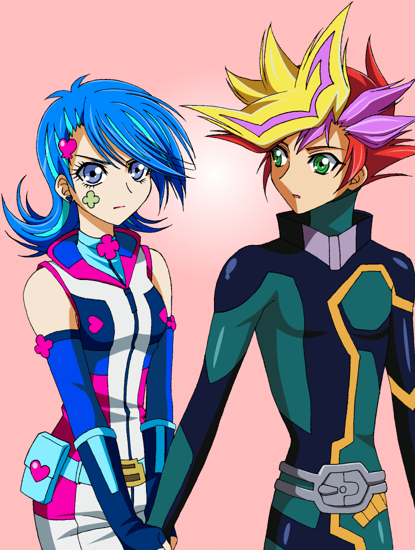 1boy, 1girl, belt, blue_girl, blue_hair, bodysuit, commentary_request, earrings, facial_tattoo, fingerless_gloves, fujiki_yuusaku, gloves, hair_ornament, hairclip, heart, heart_earrings, jewelry, multicolored_hair, playmaker, shorts, sleeveless, spiky_hair, tattoo, user_rdtj3758_aria, yu-gi-oh!, yuu-gi-ou_vrains, zaizen_aoi, zipper