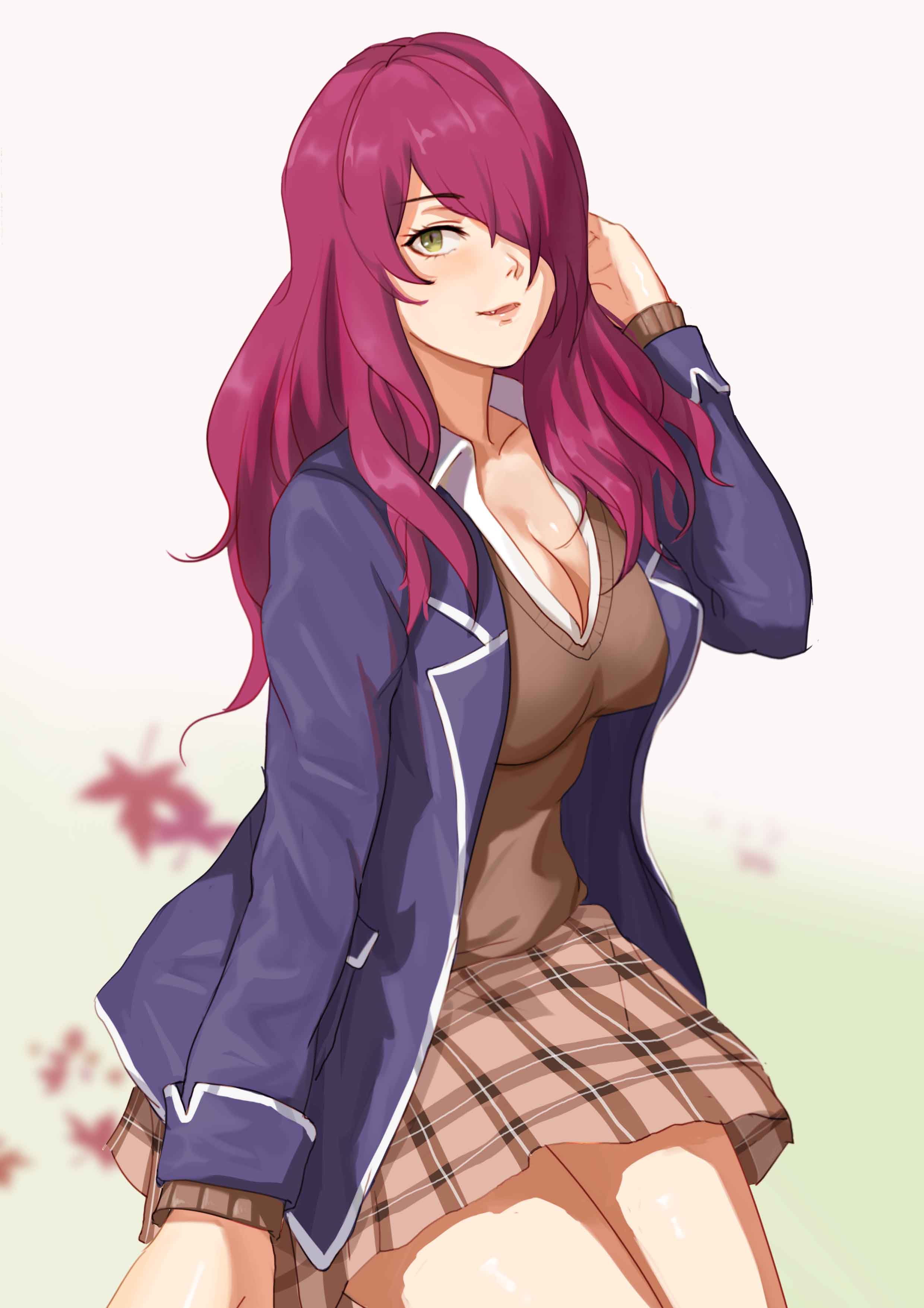 1girl, absurdres, adjusting_hair, blazer, blue_jacket, breasts, brown_sweater, cardigan