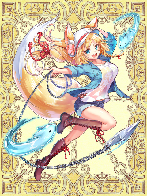 1girl, :d, animal_ears, blonde_hair, blue_eyes, blue_jacket, boots, braid