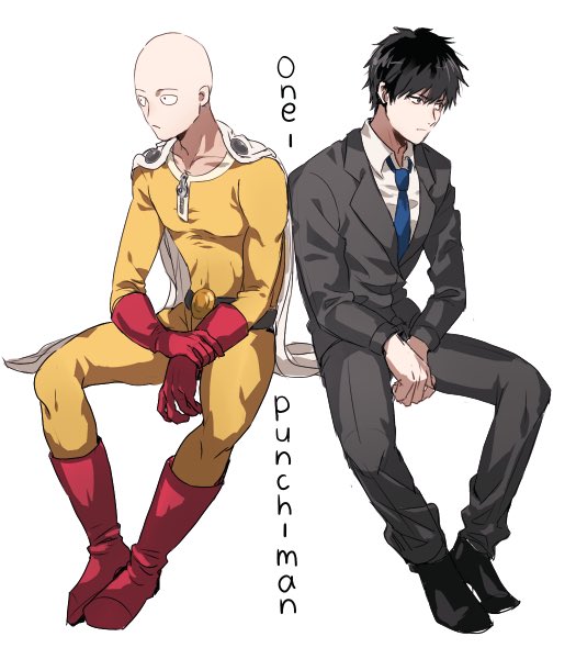 2boys, bald, black_hair, blue_neckwear, bodysuit, boots, business_suit, cape