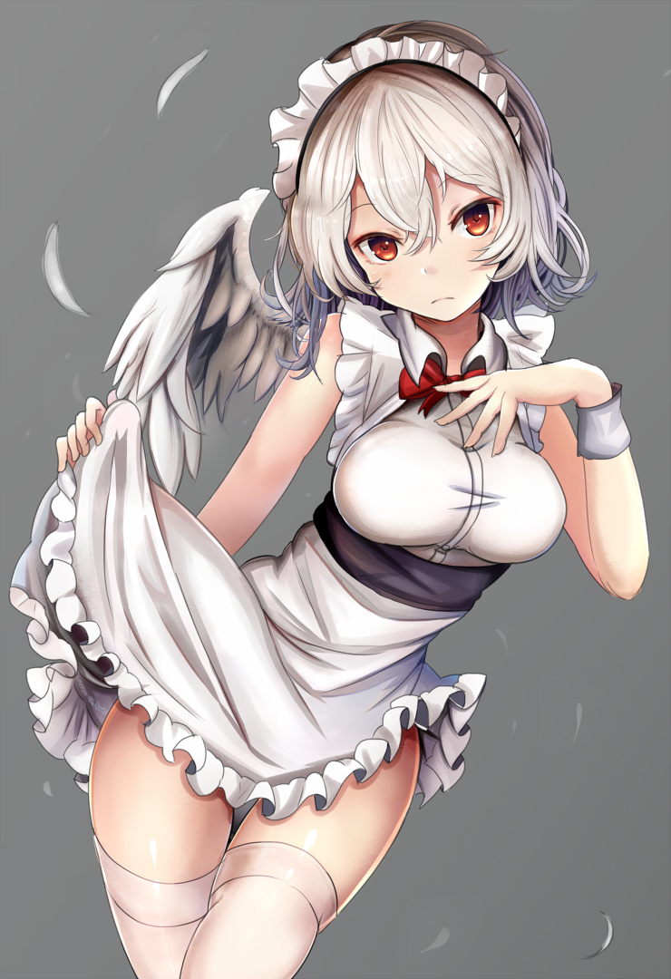 1girl, bow, bowtie, dress_shirt, eyebrows_visible_through_hair, feathered_wings, frilled_skirt, frills