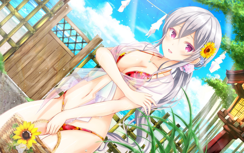 1girl, :d, bangs, bikini, blue_sky, breasts, cleavage, clouds