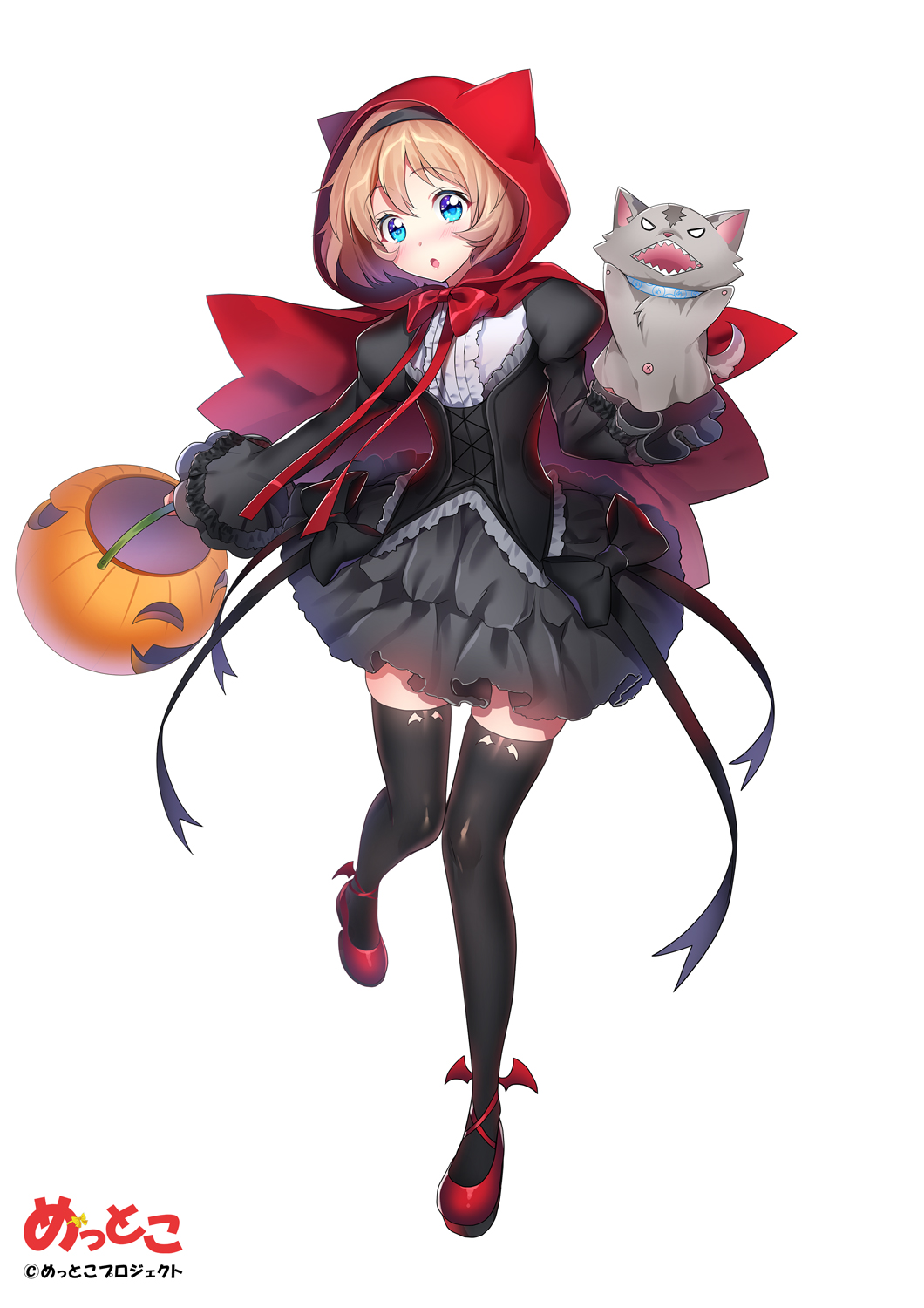 1girl, black_bow, black_hairband, black_legwear, black_skirt, bow, brown_hair, cloak