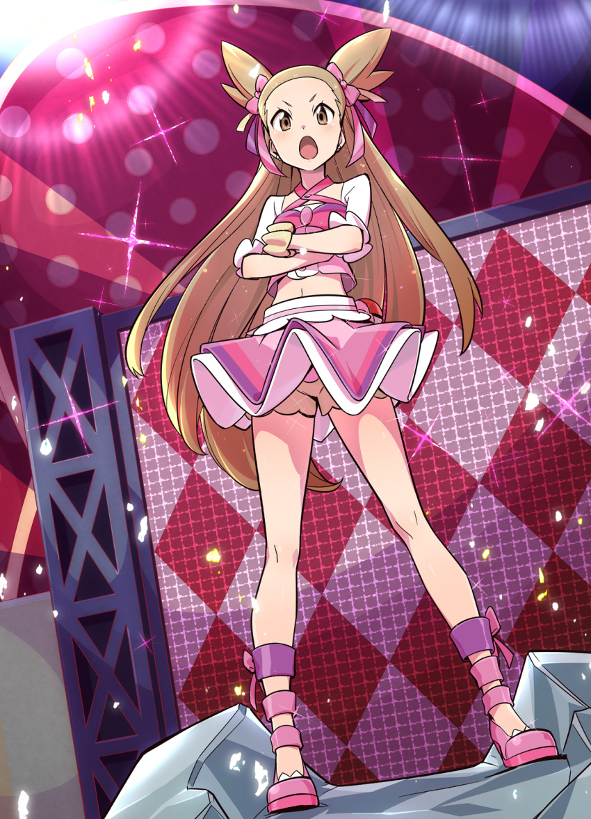 alternate_costume, bare_legs, bloomers, blush, bow, brown_hair, concert, crossed_arms