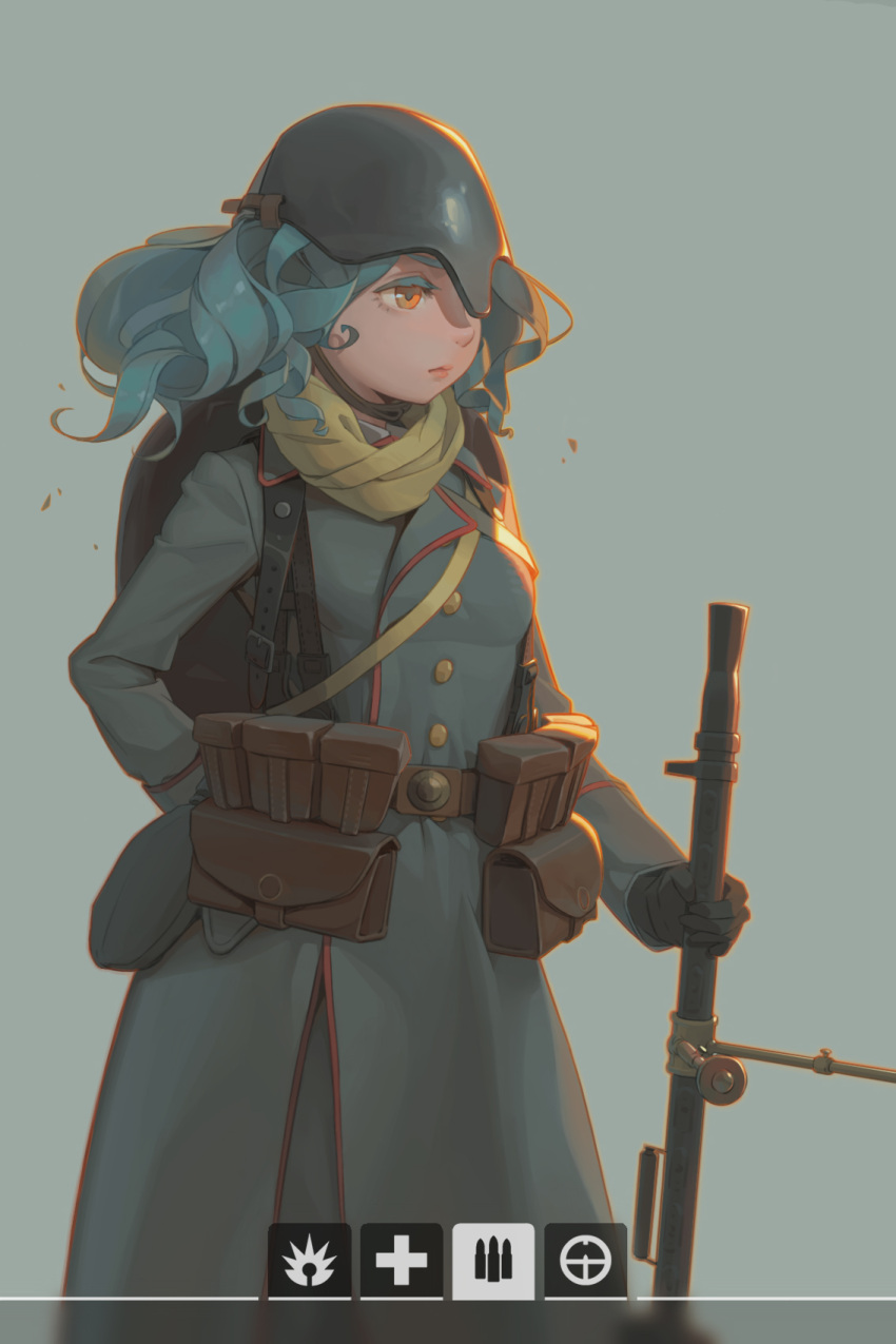 1girl, ammunition_pouch, arm_behind_back, battlefield_(series), battlefield_1, belt, bipod, bk-201xwz, black_gloves, blue_hair, gloves, green_background, gun, helmet, highres, holding, holding_gun, holding_weapon, light_machine_gun, long_hair, mg15, military, military_uniform, orange_eyes, pouch, scarf, solo, uniform, utility_belt, weapon