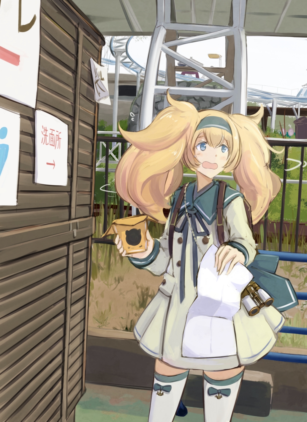 amusement_park, backpack, bag, binoculars, blonde_hair, blue_eyes, dress, gambier_bay_(kantai_collection)