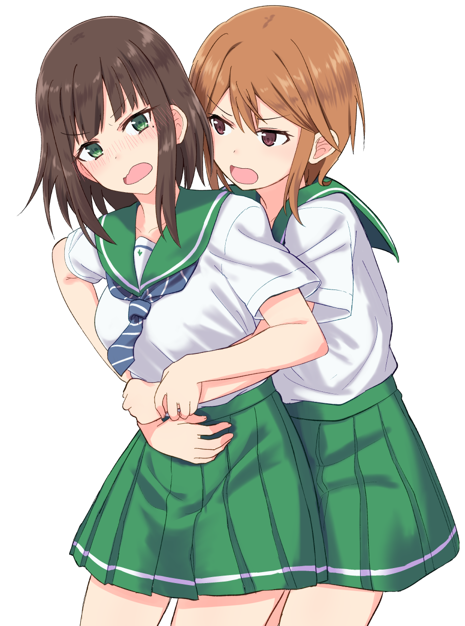 2girls, black_hair, blue_neckwear, blush, brown_eyes, brown_hair, grabbing, grabbing_from_behind