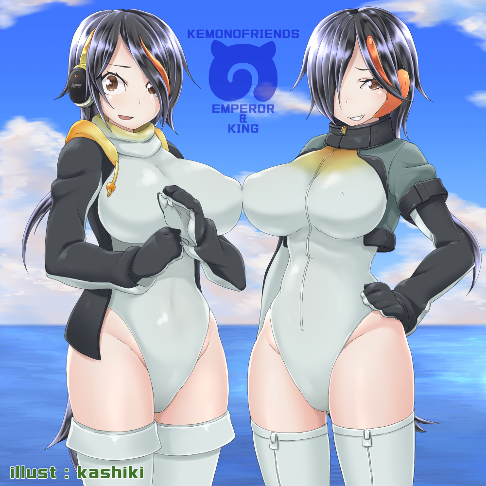 2girls, arm_at_side, artist_name, bangs, black_hair, breasts, brown_eyes, commentary_request, copyright_name, cowboy_shot, crop_top, cropped_vest, day, emperor_penguin_(kemono_friends), erect_nipples, gloves, grin, groin, hair_over_one_eye, hands_up, headphones, headset, highleg, highleg_leotard, hood, hood_down, hoodie, impossible_clothes, impossible_leotard, japari_symbol, kemono_friends, king_penguin_(kemono_friends), kurosawa_(kurosawakyo), large_breasts, leotard, long_hair, long_sleeves, looking_at_viewer, medium_hair, multicolored_hair, multiple_girls, ocean, open_clothes, open_hoodie, open_mouth, open_vest, outdoors, parted_bangs, redhead, shiny, shiny_hair, short_over_long_sleeves, short_sleeves, smile, standing, streaked_hair, thigh-highs, turtleneck, two-tone_hair, vest, water, white_legwear, white_leotard, zipper, zipper_pull_tab
