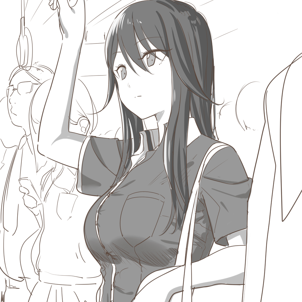1girl, bag, bangs, breasts, cellphone, character_request, expressionless, glasses, hair_between_eyes, large_breasts, long_hair, nagai_misaki, phone, satchel, short_sleeves, sketch, smartphone, solo_focus, swept_bangs, train_interior, twocar, uto_ki_te