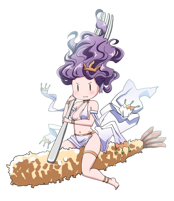 anklet, breasts, choker, food, fork, full_body, granblue_fantasy, jewelry