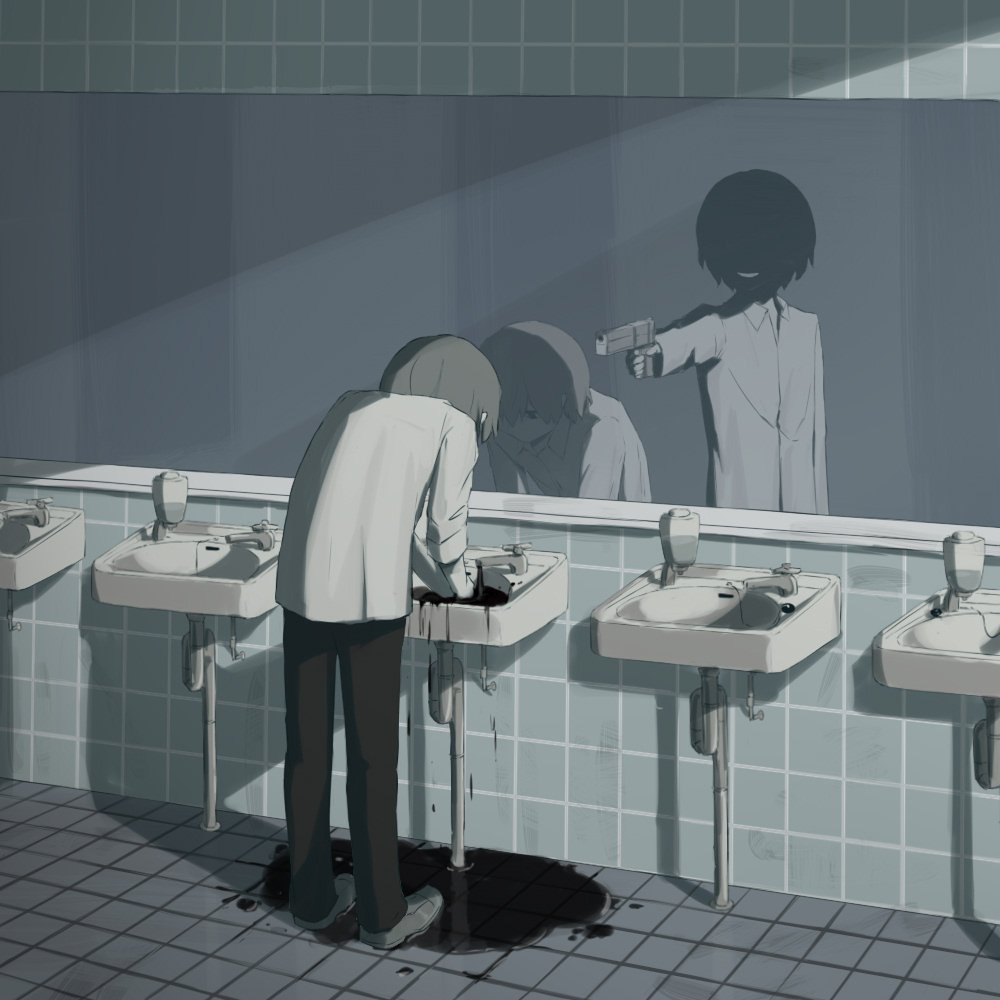 2boys, avogado6, basin, commentary, different_reflection, gun, mirror, multiple_boys