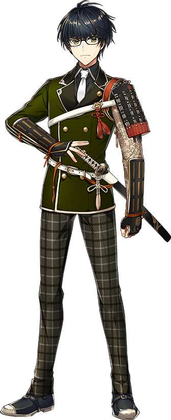 1boy, armor, black-framed_eyewear, black_hair, blazer, full_body, glasses, jacket