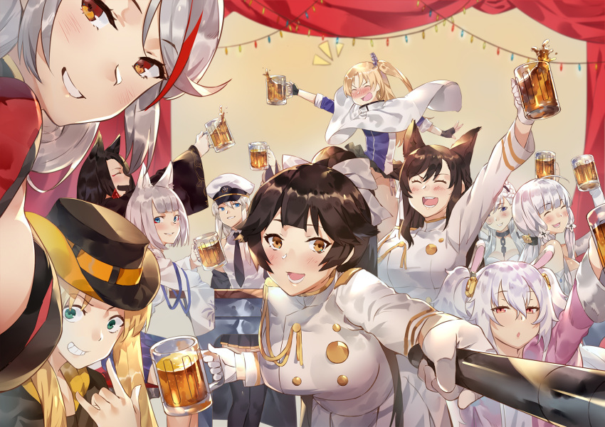 akagi_(azur_lane), alcohol, animal_ears, arm_up, atago_(azur_lane), azur_lane, beer, beer_mug, belfast_(azur_lane), black_hair, blonde_hair, blue_eyes, blush, breasts, celebration, cheering, cleveland_(azur_lane), closed_eyes, enterprise_(azur_lane), fake_animal_ears, fox_ears, gloves, graphite_(medium), hair_ornament, hat, highres, hornet_(azur_lane), illustrious_(azur_lane), kaga_(azur_lane), laffey_(azur_lane), lavender_hair, long_hair, looking_at_viewer, military, military_hat, military_uniform, multiple_girls, nanaya_(daaijianglin), open_mouth, prinz_eugen_(azur_lane), red_eyes, selfie_pose, selfie_stick, side_ponytail, silver_hair, takao_(azur_lane), traditional_media, uniform, v, yellow_eyes