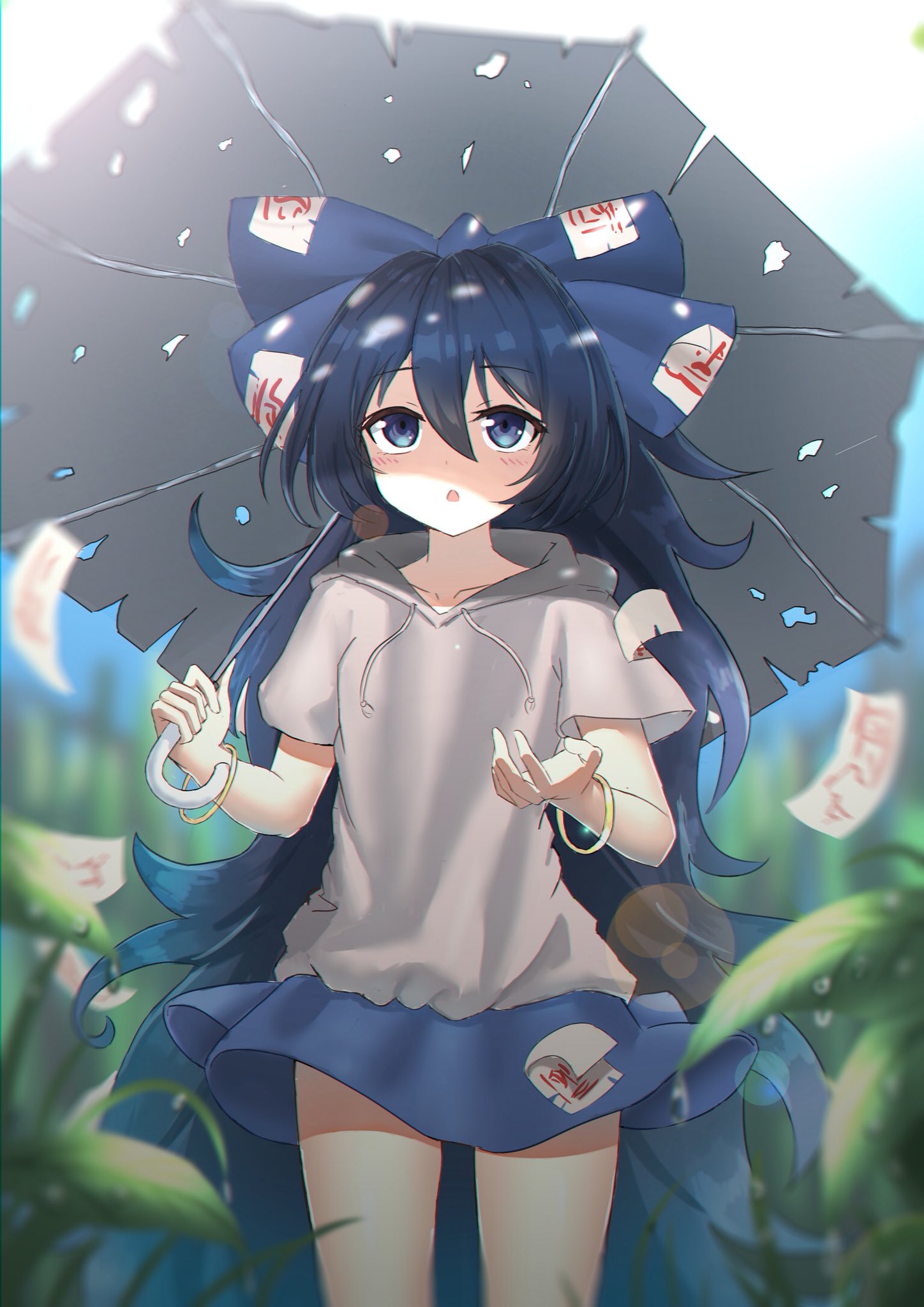 1girl, blue_bow, blue_eyes, blue_hair, blue_skirt, blush, bow, bracelet