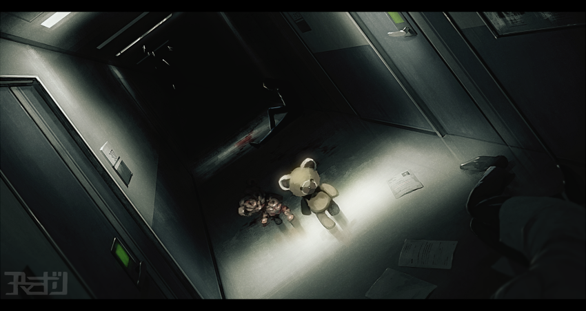 amemidori, blood, blood_stain, corpse, dark, hallway, horror_(theme), lying