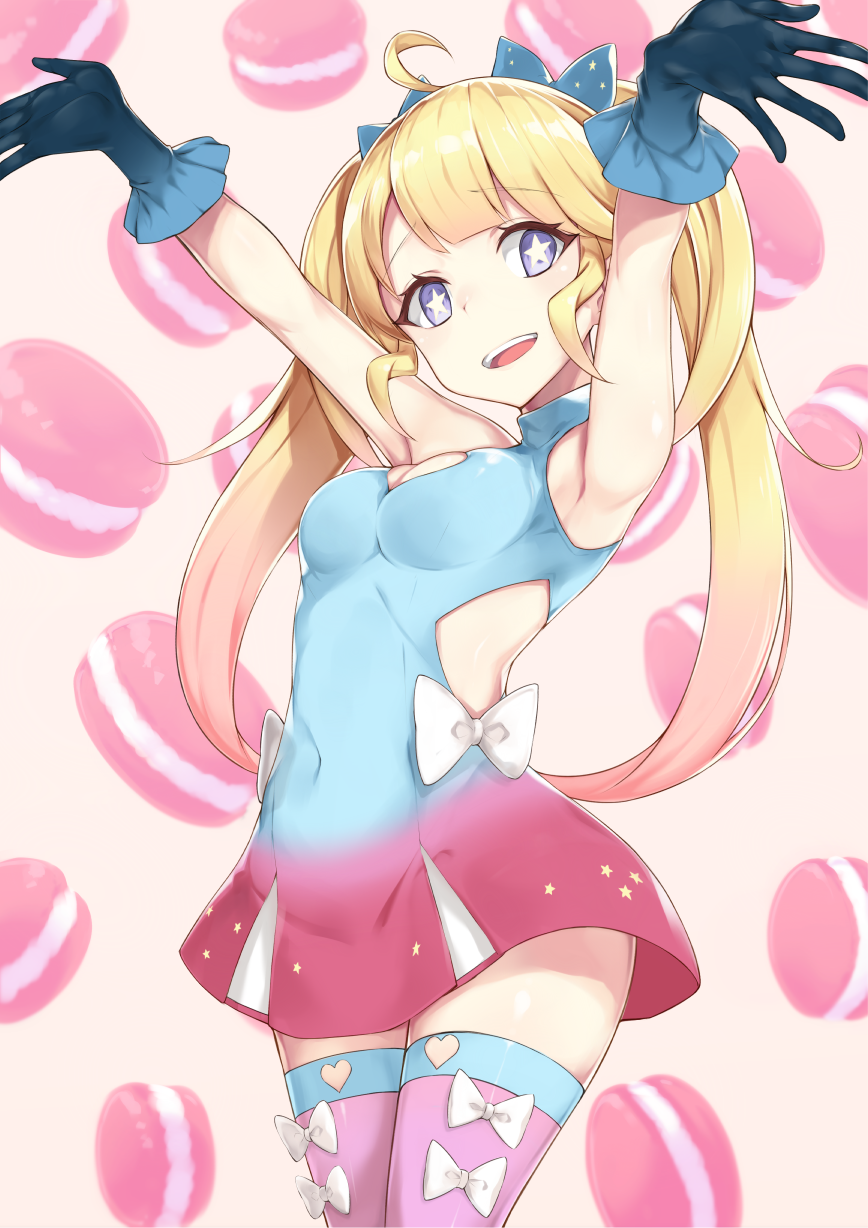 1girl, ahoge, armpits, arms_up, bangs, bare_arms, blonde_hair, bow