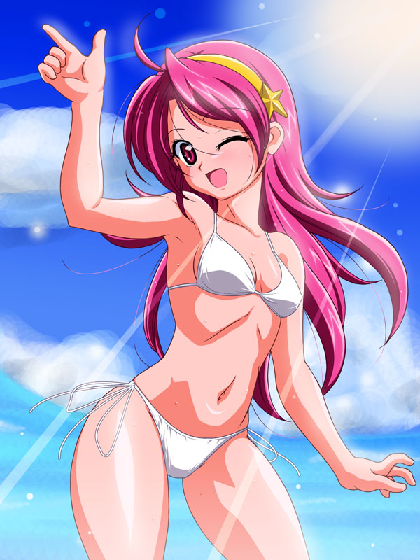 bikini, hairband, inferno_(nanbu14), king_of_fighters, long_hair, pink_hair, red_eyes, sky