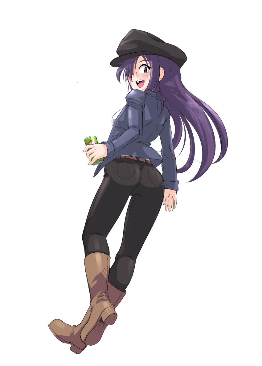 1girl, :d, ass, belt, bichosan, black_pants, blush, boots