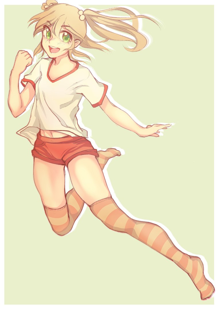 1girl, :d, blonde_hair, bullfinch, clenched_hand, eyebrows_visible_through_hair, full_body, green_background, green_eyes, gym_uniform, hair_bobbles, hair_ornament, ibarazaki_emi, katawa_shoujo, long_hair, looking_at_viewer, open_mouth, simple_background, smile, solo, striped, striped_legwear, thigh-highs, twintails