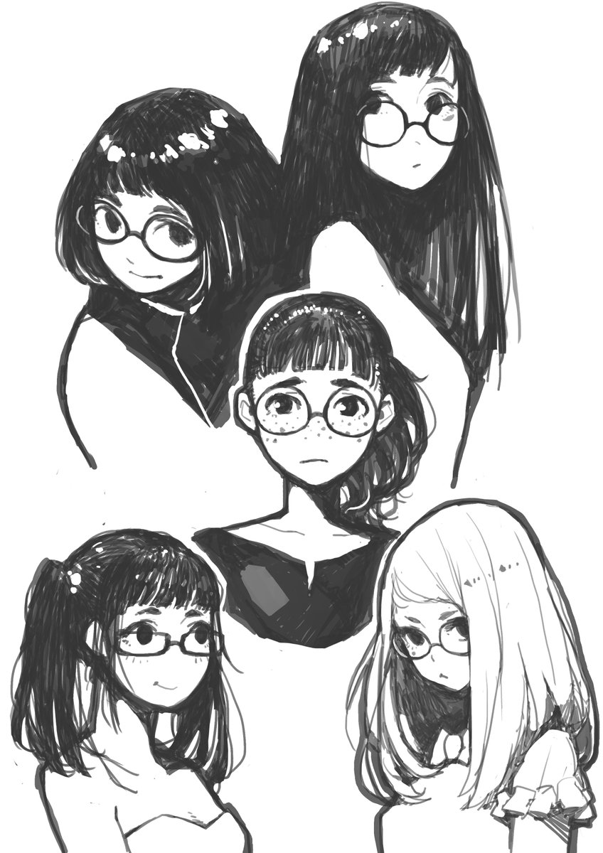 5girls, bangs, black_hair, blonde_hair, blunt_bangs, bob_cut, e-kaki, freckles, frown, glasses, highres, long_hair, monochrome, multiple_girls, original, ponytail, short_hair, sketch, smile, swept_bangs, twintails