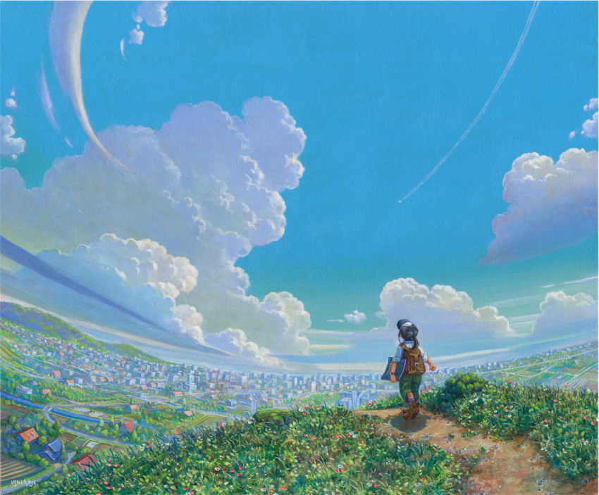 1girl, acrylic_paint_(medium), ankle_boots, backpack, bag, baseball_cap, black_hair, blue_sky