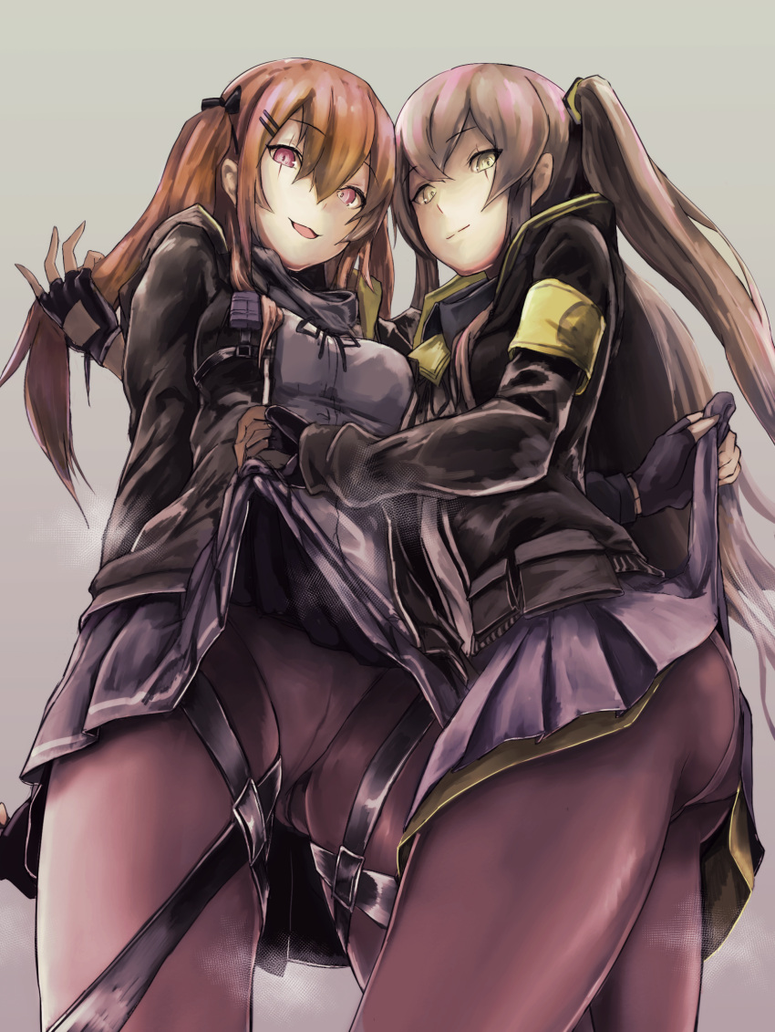 2girls, armband, ass, bangs, black_gloves, black_legwear, black_ribbon, blush