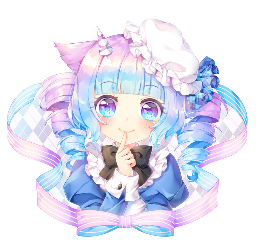 animal_ears, bangs, blue_eyes, blue_hair, bow, commission, drill_hair, finger_to_mouth