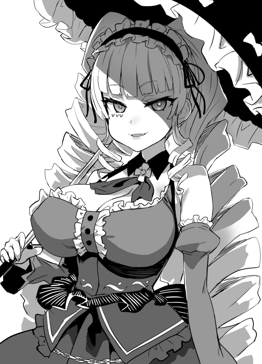 1girl, :d, asanagi, bangs, blunt_bangs, breasts, chains, cleavage