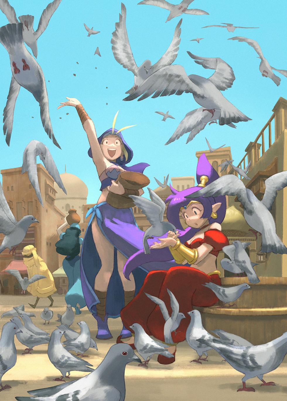 10307, 3girls, bandanna, bird, bird_seed, blue_sky, bracer, commentary